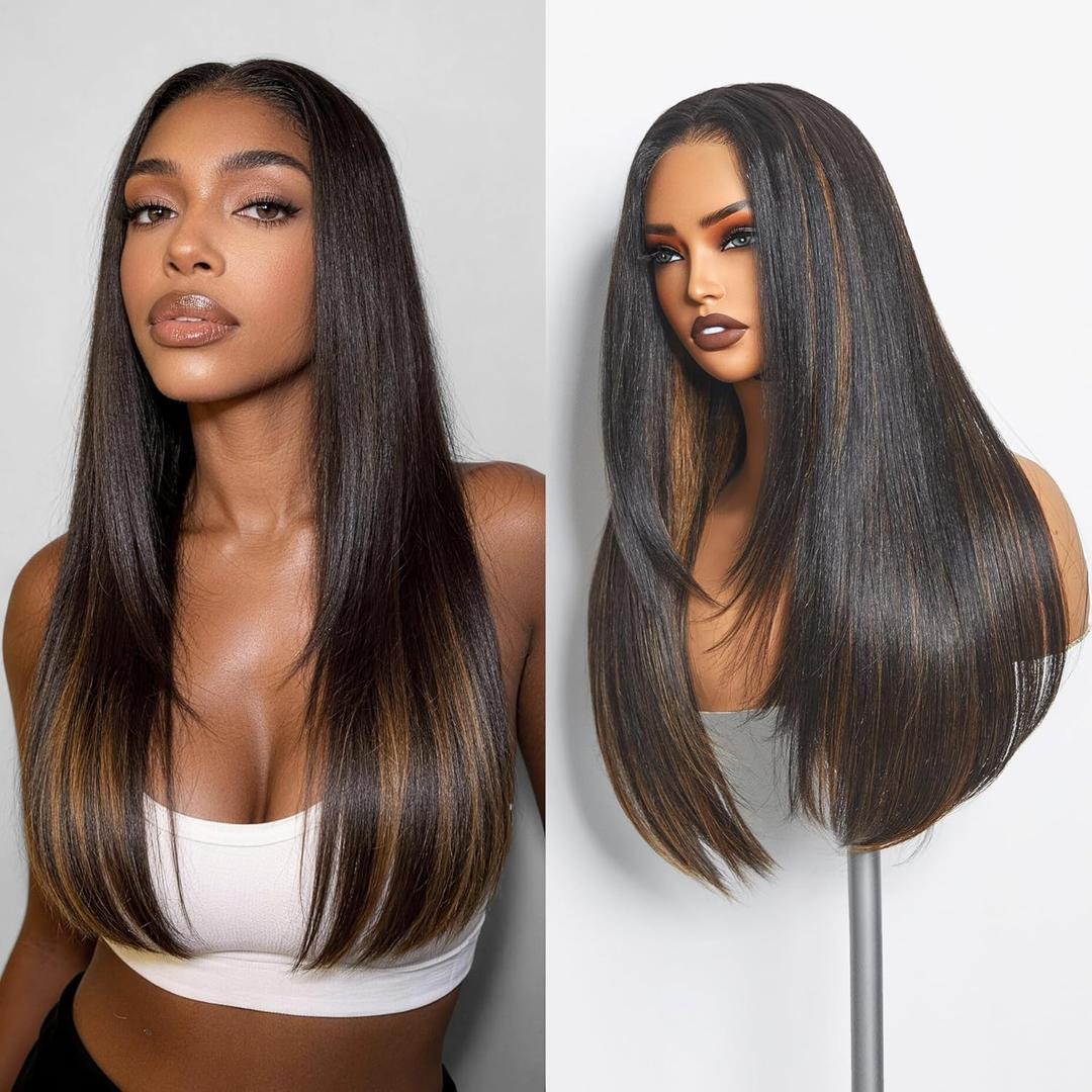 GORGIUS Brown Highlighted Straight Lace Front Wigs Pre Cut Wear and Go Glueless Glueless Layered Wig Middle Part Fiber Blend Human Hair Frontal Wig with Natural Hairline 24 Inch