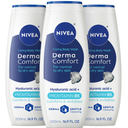 NIVEA Derma Comfort Caring Body Wash for Sensitive Skin, Body Wash with Hyaluronic Acid and Vitamin E, 16.9 Fl Oz Bottle, Pack of 3