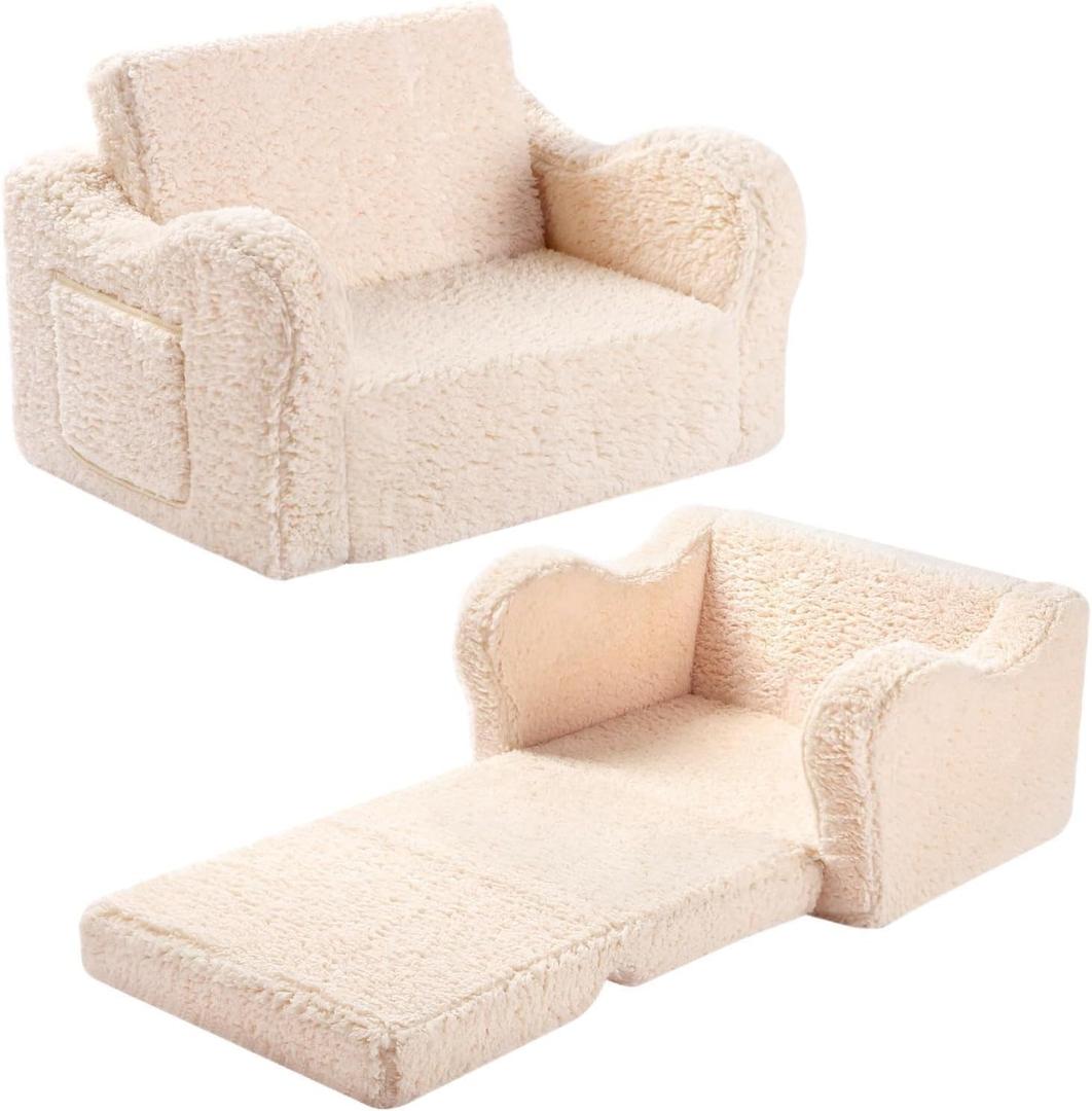 Kids Sofa, 2-in-1 Flip-Out Foam Couch with Soft Sherpa Cover, Cozy Play Lounge Chair, Cream