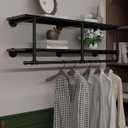 Wall Mounted Clothes Rack 12 Inch Deep, 48 Inch Heavy Duty Garment Rack with Real Black Wood Shelf, Multi-Purpose Hanging Rod & Space-Saving Closet Storage Organizer