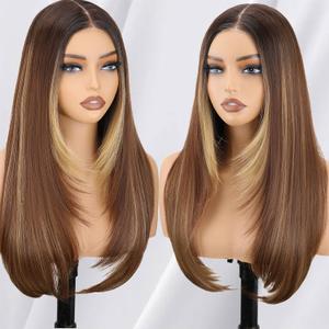 NOSTALGIA Honey Blonde Highlight Straight Lace Front Wig Pre Cut Glueless Synthetic Layered Wig 24 Inch Middle Part Closure Wig For Women Upgraded with Premium Fiber