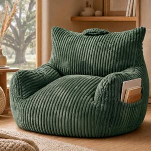 Oversized Faux Fur Bean Bag Chairs for Adults with Handle, Side Pocket & Non-Slip Base, Memory Foam Bean Bag Chair for Living Room Bedroom (Large Stripe Green)