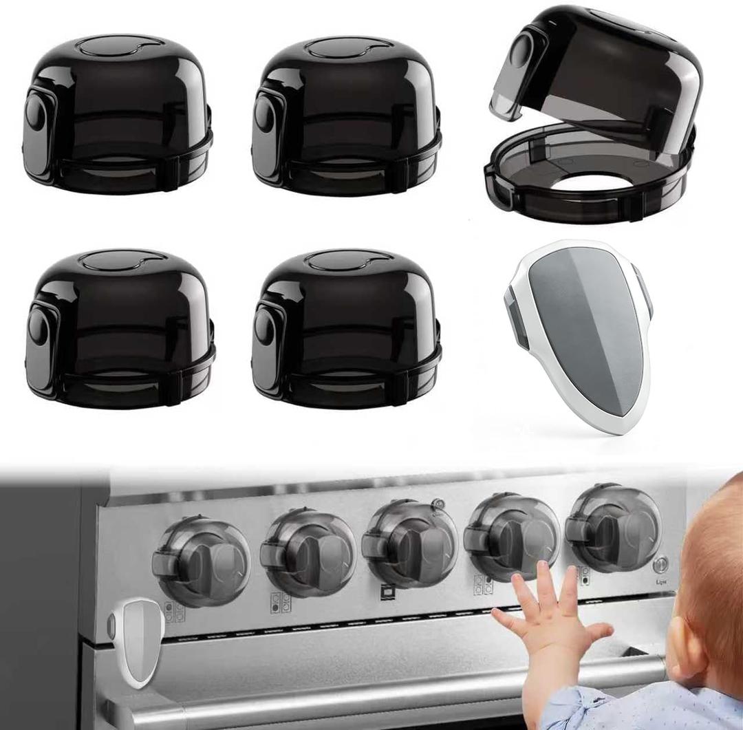 Stove Knob Safety Covers & Oven Lock for Child Baby Proofing Kitchen Universal Size Gas Knob Covers Clear View Childproof Oven Knob Covers for Kids and Pets (5packs +1locks) (Black)