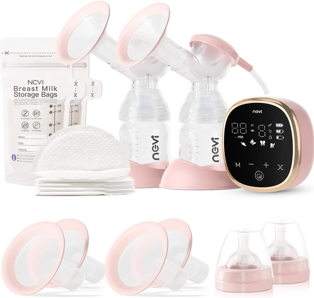 NCVI Double Electric Breast Pump 8782, Portable Anti-Backflow, with 4 Size Flanges, 4 Modes & 9 Levels, LED Display, 10 Breastmilk Storage Bags, Ultra-Quiet and Pain Free Breast Pumps (Pink-2200mah)