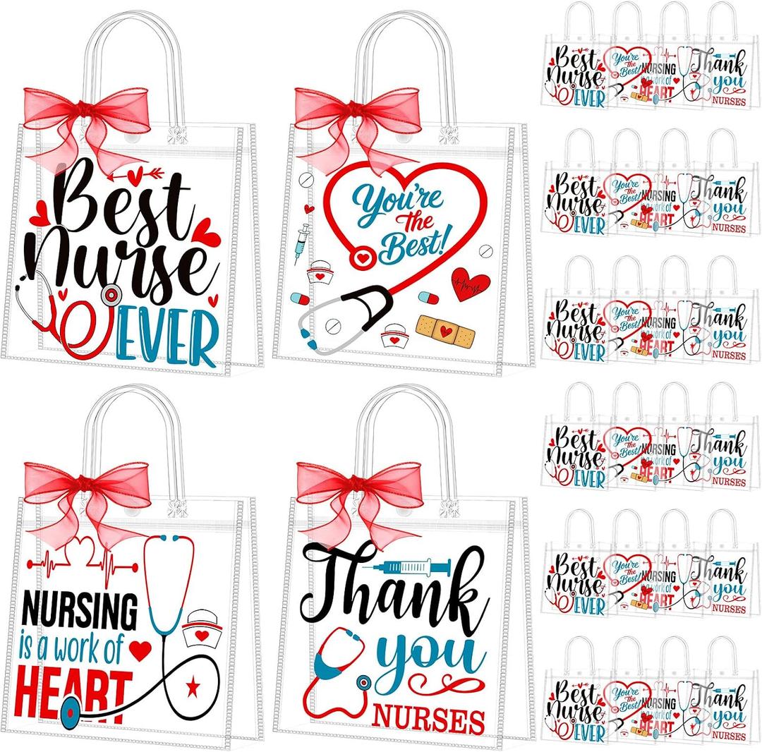 Shinylin 24 Pcs Nurses Clear Gift Bags with Handles Reusable Ribbon PVC Nursing Appreciation Gifts Bag Thank You Nurse Graduation Gift Bags for Nurse Day Week Doctors Medical Party Hospital Treat