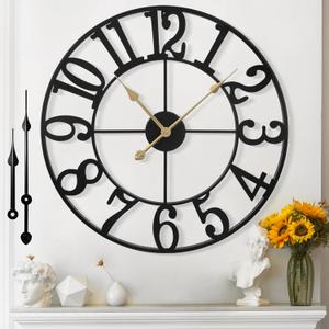 Large Wall Clock for Living Room Decor - 40cm/ 16 Inches Silent Non-Ticking Metal Wall Clocks Battery Operated, Vintage Decorative Modern Wall Clock for Bedroom, Office, Farmhouse Decor (Black - Arabic Numerals)