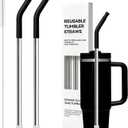 Metal Straw Reusable for Stanley 30 OZ Tumbler,11 Long Stainless Steel Drinking Straws with Black Silicone Tip for STANLEY Quencher 30 oz Cups, 1 Straw Brush, 100% BPA Free Dishwasher Safe(Black)