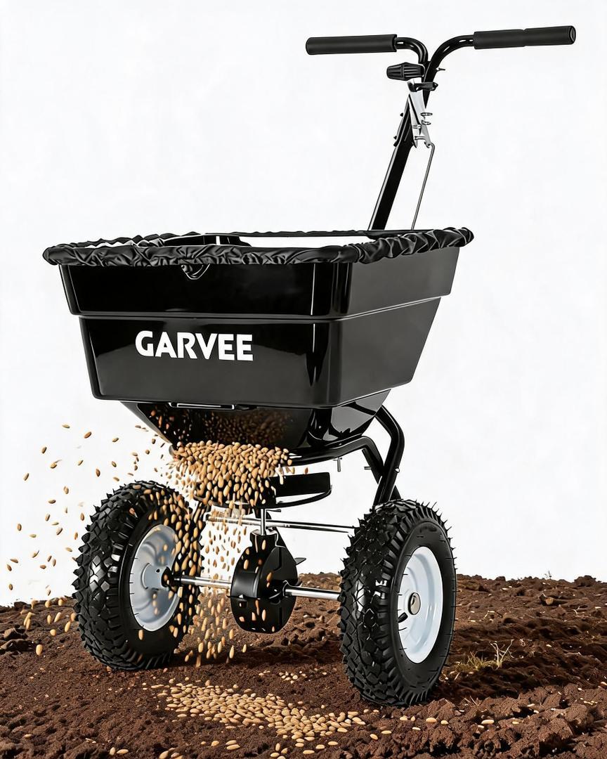 Garvee 100LBS Push Broadcast Spreader, 12FT Spreading Width, 13in All-Terrain Wheels, Adjustable Flow Control, Heavy Duty Walk Behind Lawn Spreader for Fertilizer, Grass Seed, Ice Melt, Salt