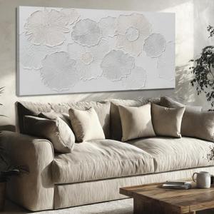 NBAODAN Flower Wall Art White Minimalist Room Decor Abstract Art Wall Decor Textured Living Room Wall Decorations Hand Painted Artwork for Kitchen Home 24x48 Inch