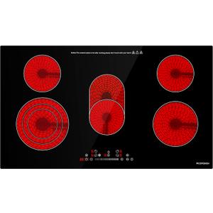 Electric Cooktop 36 Inch, ECOTOUCH 5 Burners Built-in Stove Top 8800W, ETL & FCC Certificated Glass Radiant Cook Top Stove Electric, Upgraded 16 Power Levels & Quick Boil, 220V~240V Hardwired