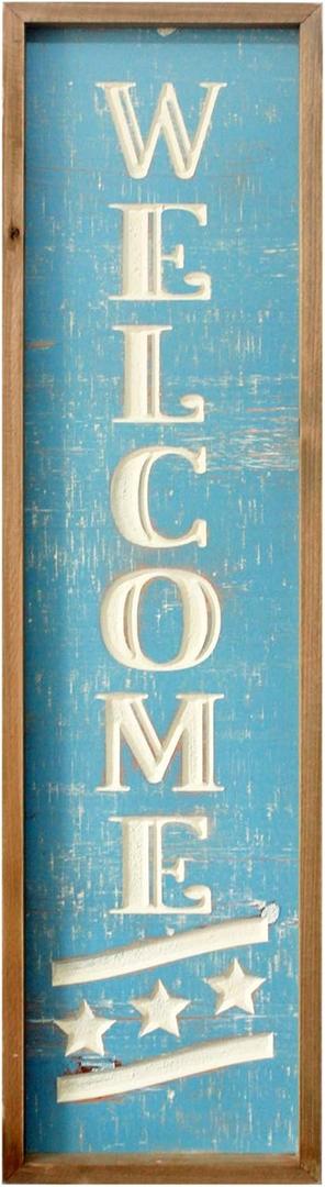 Funly mee 32" Wooden Framed Welcome Decorative Wall Sign, Carved Letters Welcome Vertical Sign for Front Porch