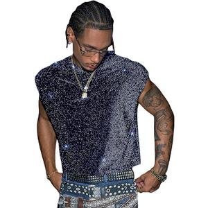 RoseSeek Men's Sequin Tank Top Glitter Crew Neck Sleeveless Tops Party Club Vest Rave Outfits Streetwear XXL