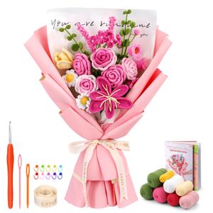 Iuuidu Crochet Kit for Beginners, Rose-Pink Flower Bouquet Crochet Kit, Knitting Kit with Step-by-Step Video Tutorials for Woman Birthday Anniversary Day Weddings Party Present, Home Decor