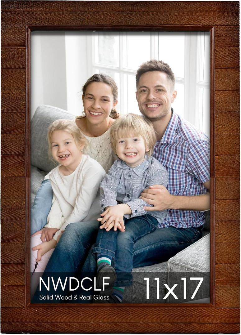 Rustic 11x17 Wood Picture Frame with Real Glass, Farmhouse Photo Frame for Wall Mount, Natural Wooden Frame for Family Photos, Gifts, Home Dcor, Brown