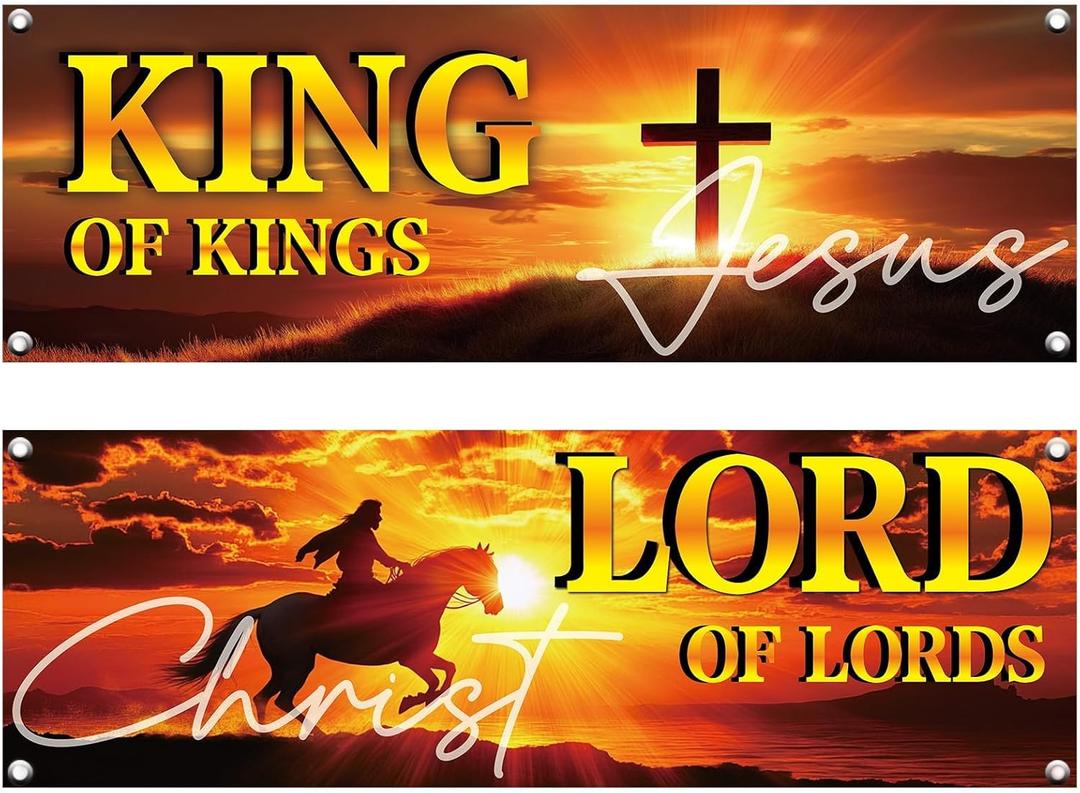 2 Pcs King and Lord Banner with Inspirational 62ft Church Banners for Sanctuary Wall Praises Sign Sunday Banner with Scripture Worship Christian Banners Hanging for Church Sunday School Decor