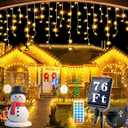 Upgraded 640LED Solar Christmas Icicle Lights Outdoor Waterproof,60+16FT 13 Modes & USB Rechargeable Solar Powered Icicle Light for Roof House Yard Christmas Outdoor Decoration (Warm White)