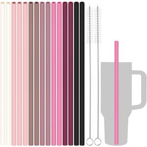 Tomorotec 12.2" Reusable Silicone Drinking Straws 15-Pack with Cleaning Brushes for Stanley Tumblers 40oz 30oz 20oz, Noise-Free BPA-Free Food Grade Silicone Adjustable for Various Cups (Pink Series)