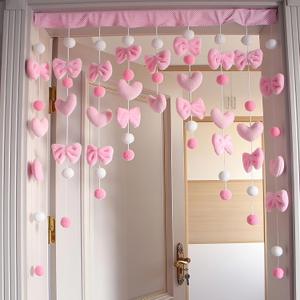 Cute Plush Curtain for Door Window Wall 33" W x 36" L Self-Adhesive Pink Bow Heart-Shaped Kawaii Curtain for Living Room and Bedroom Decor