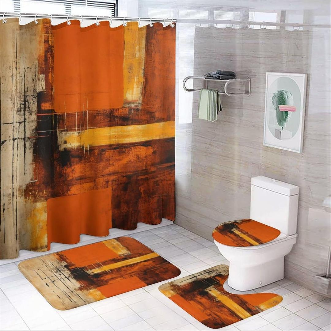 Shower Curtain 4 Piece Set Abstract Rustic Orange And Brown Print with Rugs Toilet Lid Cover And Bath Mat Burnt Orange Abstract Farmhouse Bathroom Shower Set for Bathroom Decor 72inch X 72inch (Pattern-4)