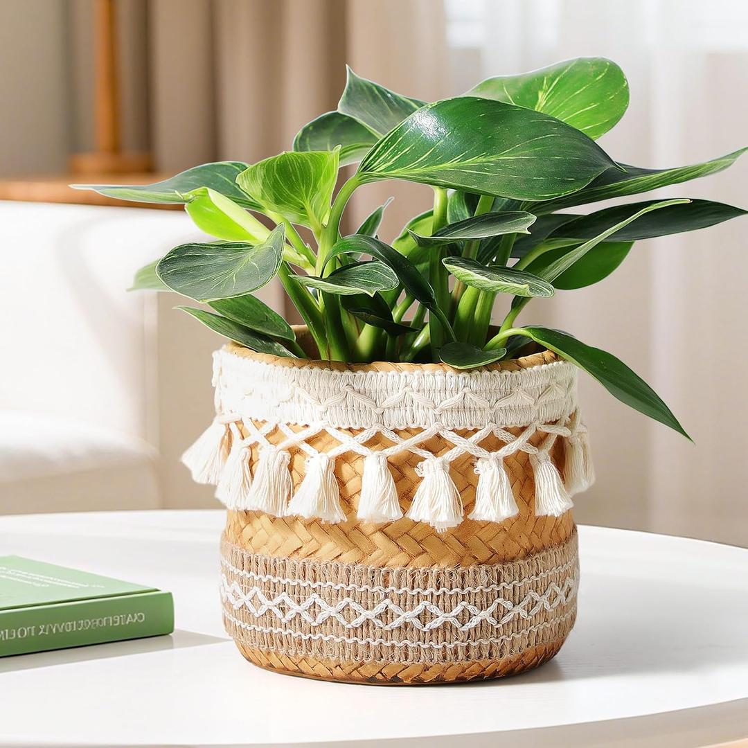 Concrete Rattan-Style Plant Basket Planter, 5" Boho Plant Pots Indoor Outdoor with Drainage Hole, Flower Pot for Succulents, Herbs, Modern Farmhouse Decor, Ideal Gift for Plant Lovers