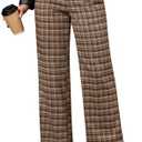 GRAPENT Plaid Pants for Women Wide Leg High Waisted Tartan Work Business Casual Elastic Waist Trousers Pants with Pocket, M