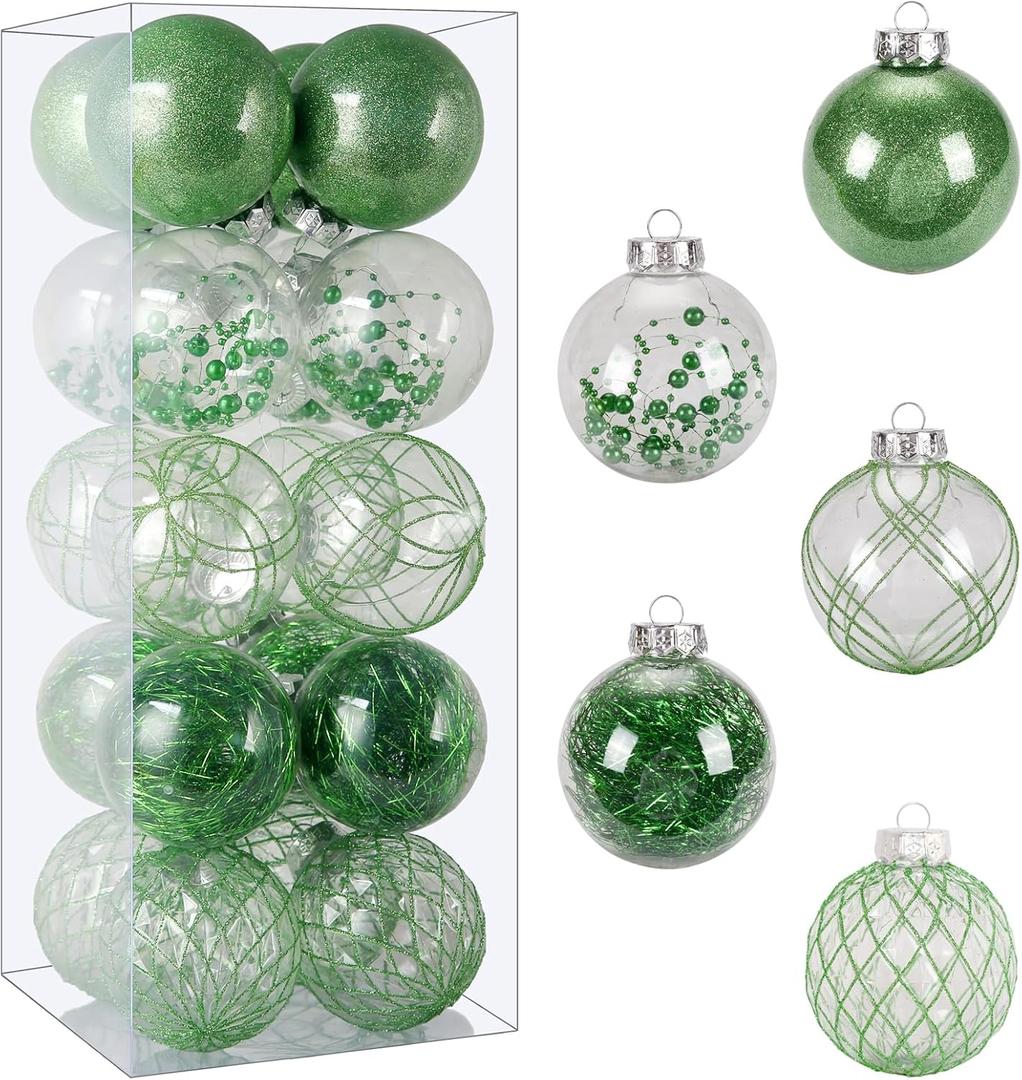 Christmas Ball Ornaments 20ct 80mm 3.15" Clear Shatterproof Xmas Ball Decorations for Christmas Tree Large Pet Decorative Christmas Baubles Bulk for Holiday Party Indoor and Outdoor (Avocado Green)