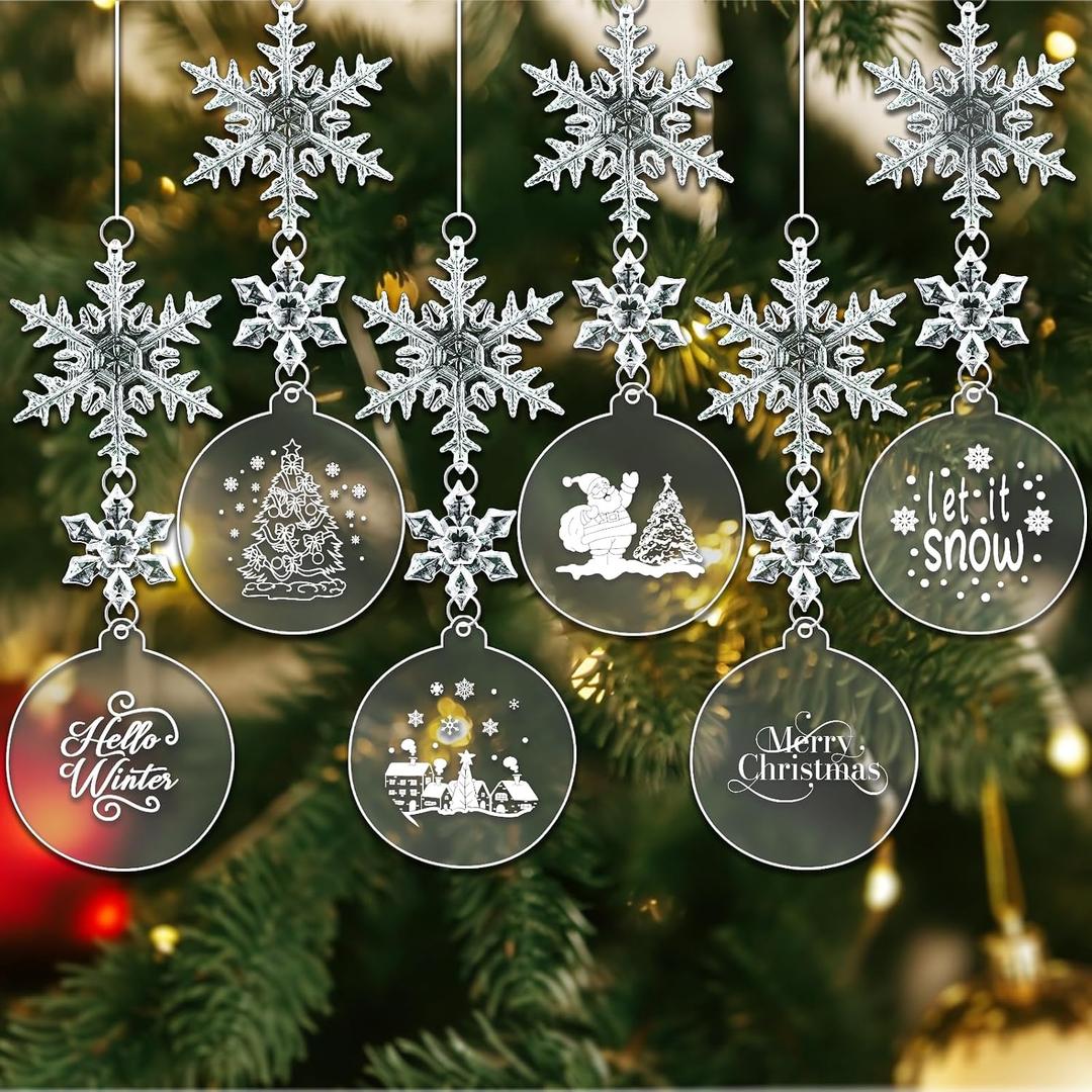 36pcs Clear Ornaments for Crafts, 3 Inch Round Clear Acrylic Blanks Ornaments with Stickers, Christmas Tree Ornament Craft, Crystal Snowflake for Christmas Tree Winter New Year Crafting Decor