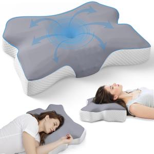 Cervical Neck Pillow for Pain Relief, Ergonomic Neck Support Pillow for Side Sleeper, Contour Memory Foam Pillows with Cooling Pillowcase Orthopedic Bed Pillow for Back Stomach Sleepers, Grey