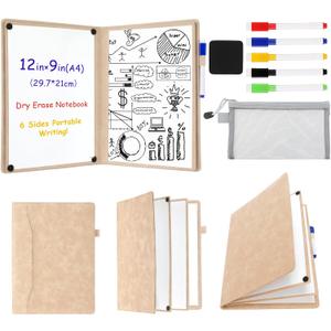 6 Sides Dry Erase Notebook Portable Whiteboards Notepad 12"x9"(a4) Small Reusable Board Foldable Anti-ghosting Surface, Travel Dry Erase White Board for Office Study Meeting Planning (Khaki)