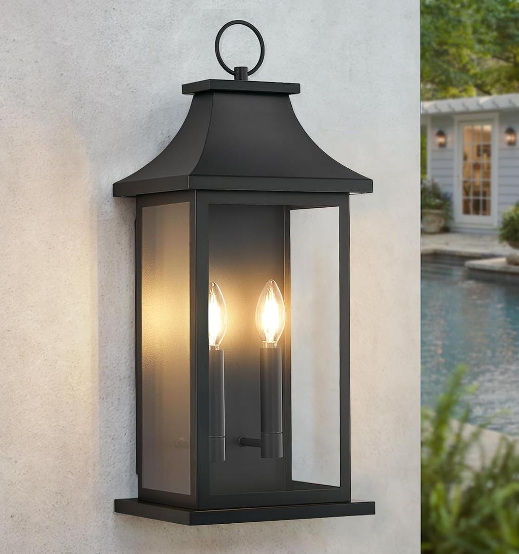 tewei 22'' Large Outdoor Wall Light, Porch Light Outdoor Wall Sconce Lantern, 2-Light Black Exterior Lighting Fixture Wall Mount, Outside Light for House Garage, 1-Pack