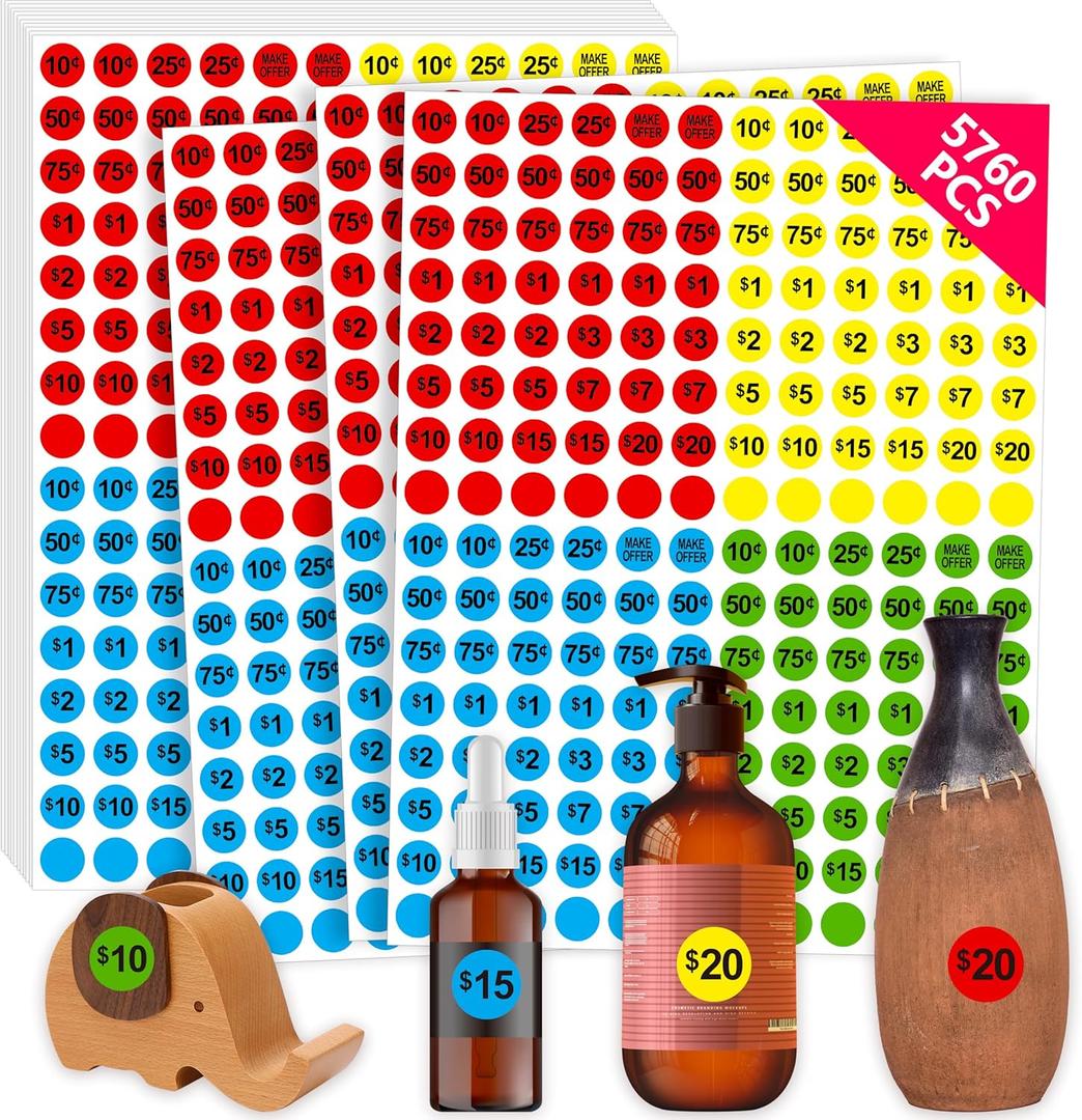 4 x 5760 PCS Pre-Priced Pricing Stickers, Sale Labels in 4 Bright Colors (Yellow/Red/Green/Cyan), Price Tag Stickers for Yard/Garage Sale, Flea Market (3/4 in Diameter)