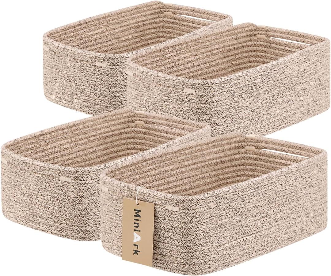 MiniArk Small Storage Baskets for Organizing | Closet Organizer Bins | Shelf Toy Basket | Woven Rope Baskets | Cube Decorative Box | Shallow Basket | 13x8.5x5.1 | 4 Packs Mixed Brown