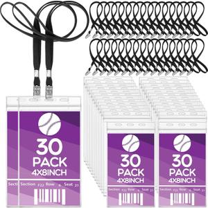 Patelai 30 Pcs Extra Large 4 x 8 Inch Badge Holders with Lanyard Bulk PVC Waterproof Card Holder Credential ID Protector Sleeves 3 Lanyard Slots at Top for Office Sporting Events Concert (Black)