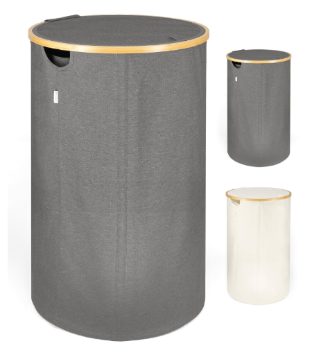 Lonbet - Grey Circular Laundry Baskets with Lid & and Inner Bag - XL 100 Litres - Large Washing Baskets for Laundry with Handles - Laundry Baskets for Bedrooms - Bamboo Bathroom Bin