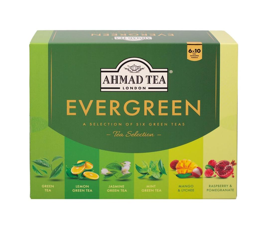 Ahmad Tea Green Tea, Evergreen Selection Pack Teabags, 60 Foil Teabags - Caffeinated & Sugar-Free (EXP 12/12/28)