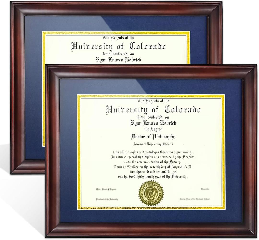 8.5x11 Diploma Frame with Mat Set of 2, Degree Frame Display 11x14 Certificate Document Picture without Mat, Mahogany Solid Wood and HD Plexiglass Frame with Blue Mat