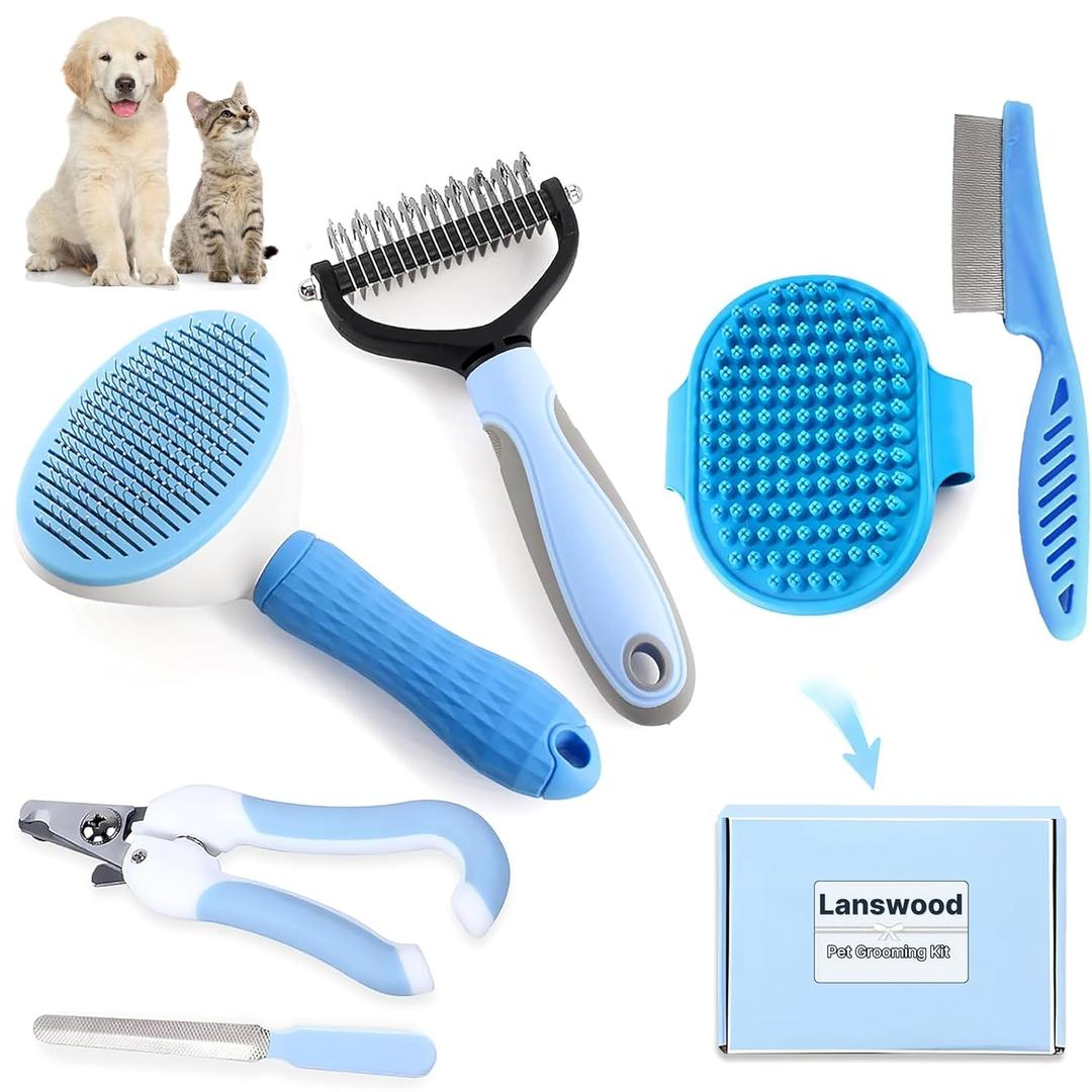 Dog Brush Dog Grooming Kit 6PCS Dog Brush for Shedding-Dog Brushes for Grooming, Dematting Comb for Dogs, Cat Nail Clipper with Nail File, Flea Comb, Bath Brush(Blue)