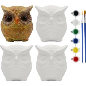 Creative Hobbies 4 Pack of Ready to Paint Ceramic Bisque Owl Shape Figurines - Includes Paint, Brushes and How to Guide | Owl