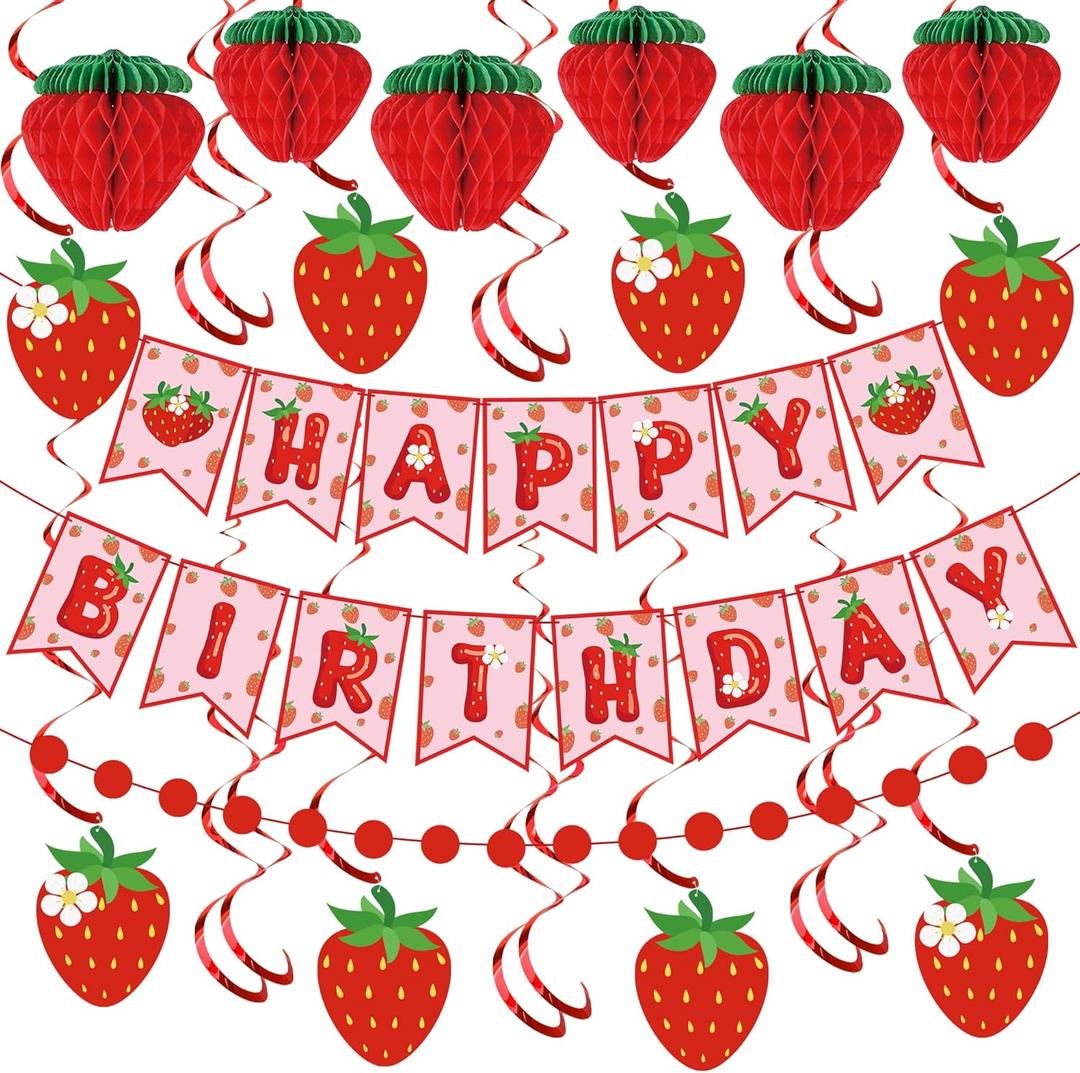 Strawberry Birthday Party Decorations Strawberries Happy Birthday Banner Honeycomb Balls and Hanging Swirls Strawberries Paper Banner Set for Strawberry Theme Birthdays Party Supplies