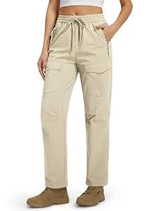 Women's Hiking Pants with Zipper Pockets Quick Dry Water Resistant Elastic Waist Cargo Joggers Lightweight Casual Travel Outdoor Safari Clothes Petite Light Khaki S