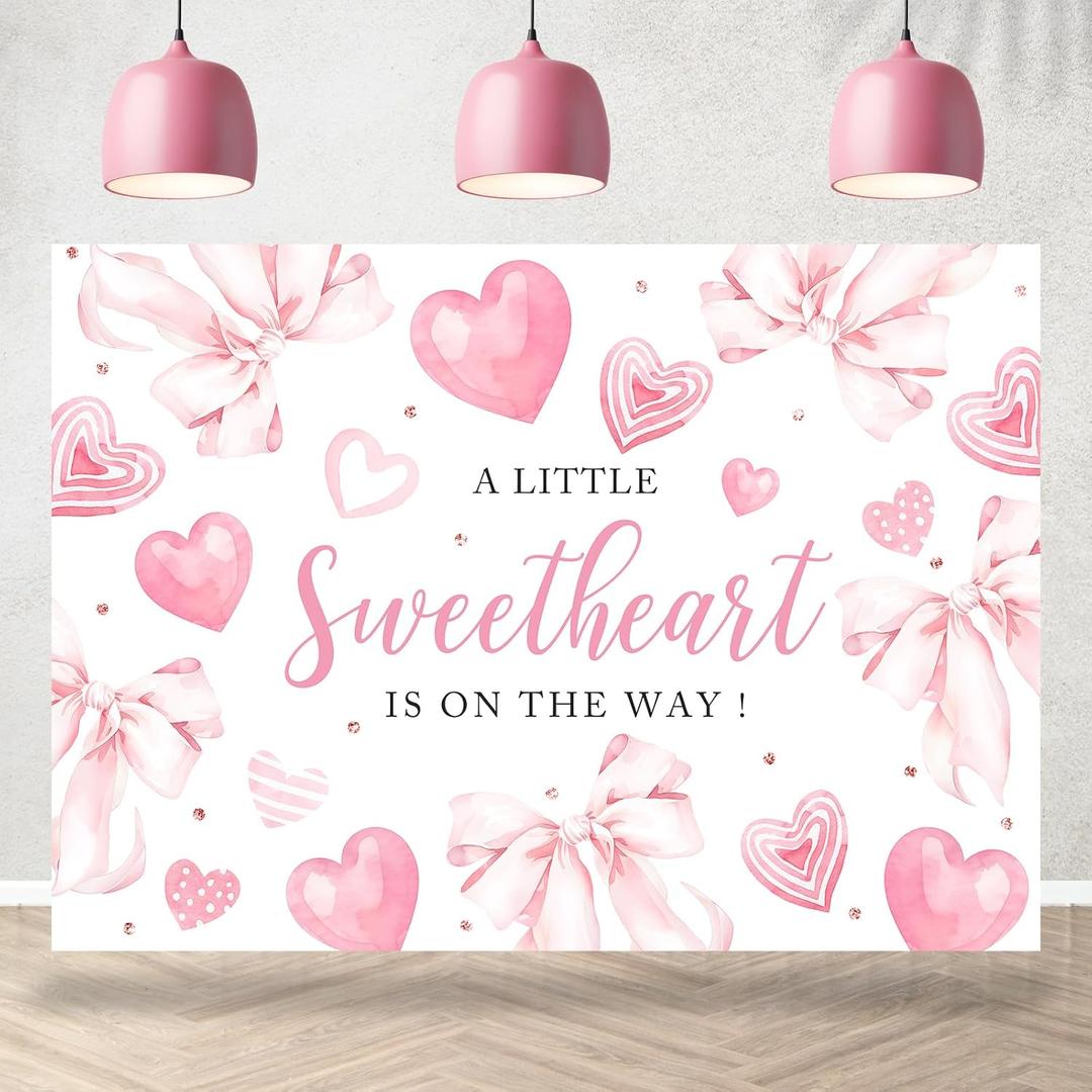 Sweetheart Baby Shower Backdrop for Girls Pink Bowknot Love Hearts A Little Sweetheart is On The Way Photography Background Baby Shower Party Decoration Supplies Banner Photo Booth Props 7x5ft