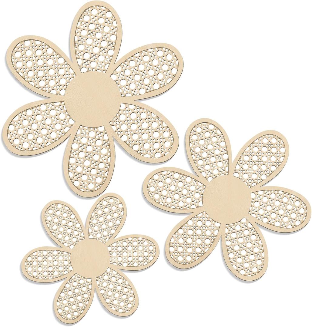 Maitys 3 Pieces Boho Daisy Wall Decor Natural Rattan Flower Wall Hanging Art Wooden Boho Art Nursery Flowers Farmhouse Hanging Decor for Home Office Nursery (Wooden Color)