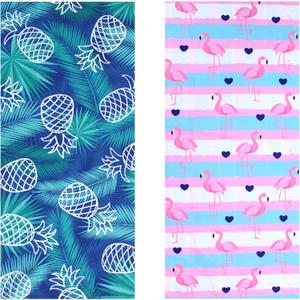 2 Pack Microfiber Oversized Lightweight Beach Towel for Adults Women Men, Reversible 71" x 32" XL Extra Large Thin Quick Dry Sand Free Pool Towels for Travel Sport Swimming Camping Picnic Yoga Gym (Pineapple & Flamingo)