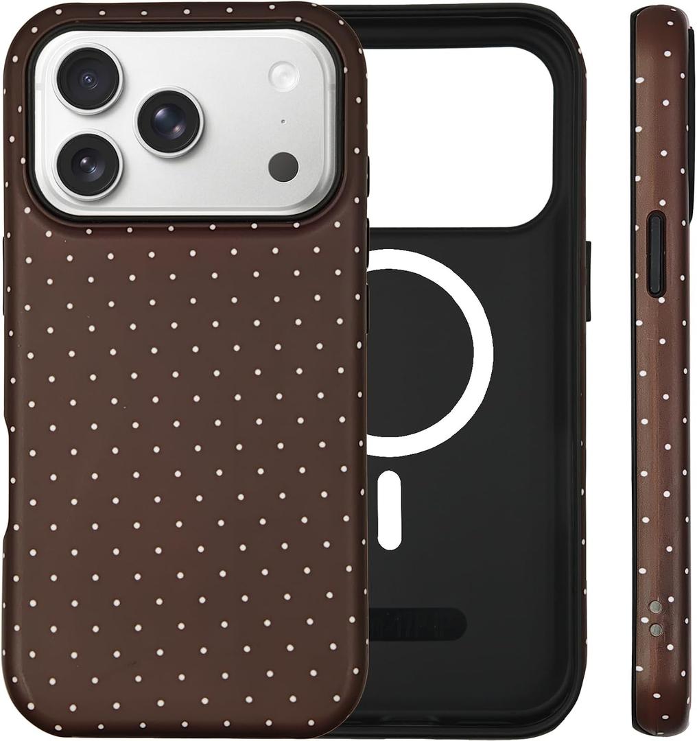For iPhone 17 Pro Max Case Cute Polka Dot Phone Case Compatible with MagSafe, Dual-Layer Shock Protection (Hard PC + Silicone) - Aesthetic Protective Phone Cover for Women Girls, Brown