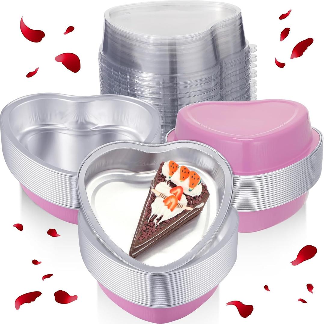 Fainne 20 Sets Mother's Day 5" Aluminum Foil Heart Shaped Cake Pans with Clear Lids 225 ml/ 7.92 oz Heart Cake Pan Mini Mother's Day Containers Disposable Dessert Baking Containers (Pink)