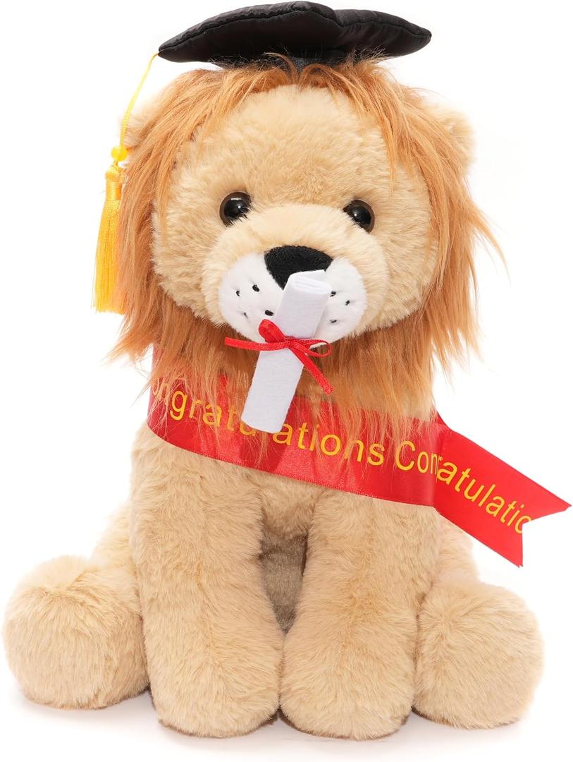 WEIGEDU Graduation Lion Stuffed Animal Plush Toy with Cap and Red Sash Gift for Kindergarten High School College Graduates 12 Inch