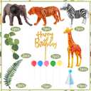 Hooqict 34 Pcs Safari Animal Cake Toppers with Mini Birthday Party Hats Party Animal Birthday Decorations Jungle Cake Decorations for Kids Wild Zoo Theme Party Decorations