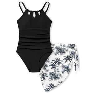 KANGKANG Girls Swimsuit, Girls Swimsuits Size 14-16 Quick Dry Cut Out One Piece Teen Bathing Suits with Tropical Print Cover Up Skirt Swimwear Set 15-16Y