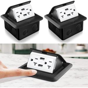 Hoolerry 2 Pack Pop up Floor Electrical Outlet Cover Box Kit with 4.8A USB Charger 20Amp Waterproof Weatherproof Floor Tamper Resistant Outlet Receptacle for Countertop Home (Black)
