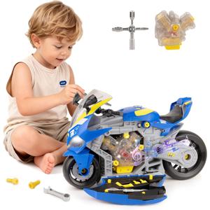 Take Apart Motorcycle Toy for Kids 3-5, Mechanic Toy DIY Repair Set with LED Lights, Real Engine Sounds & Spraying Exhaust - STEM Building Toys Engine Build Kit Birthday Gift for 3 4 5 6+ Year Old Boy